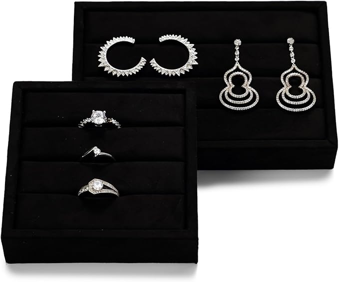 Oirlv 3 Slots Velvet Small Ring Organizer Earrings Trays Showcase Display Storage Insert Holder for Jewelry Box, Drawer, Dresser(Black,M)