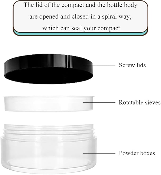 HAHIYO 2Pcs 20ml/0.68oz Plastic Empty Travel Compact Case Makeup Cosmetic Jar Refillable Powder Box No Leak Holder with Rotatable Sifter and Black Screw Lid