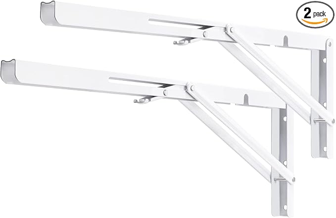 YUMORE White Folding Shelf Brackets, 20 Inch Heavy Duty L Bracket, DIY Collapsible Shelf Bracket for Workbench Folding Table Hinge, Max Load: 330lb, 2 Pack