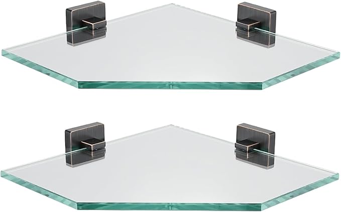 JQK Corner Glass Shelf, Oil Rubbed Bronze Bathroom 304 Stainless Steel Shower Triangle Floating Wall Shelf, 10 x 10 Tempered Glass, 2 Pack, TGS290L10-ORB-P2