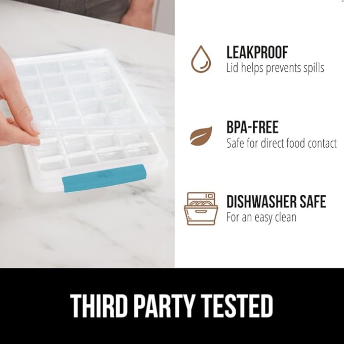 GORILLA GRIP BPA-Free Easy Release Ice Cube Tray for Freezer, Make Lots of Ice, 56 Cubes Total, Kit Includes 2 Stackable Leakproof Trays with Lid and Soft Handle Grips, Scooper, Bin, Turquoise