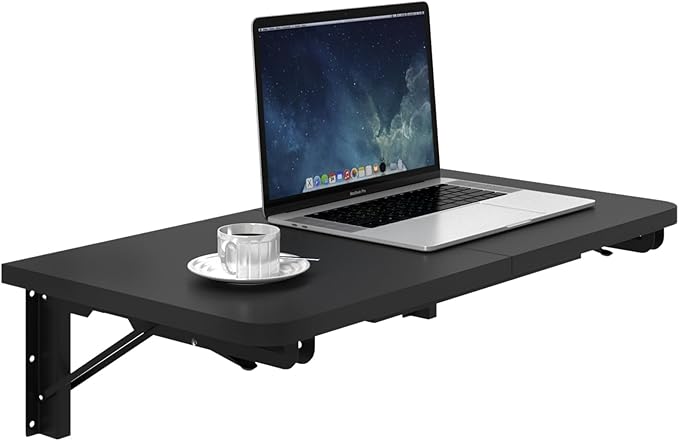 TEAMIX Wall Mounted Folding Table, Black Floating Desk for Small Spaces, Drop Leaf Dining Table for Kitchen Fold Down Laundry Shelf with Heavy-Duty Brackets