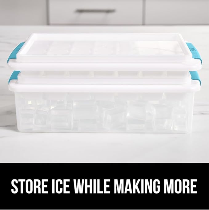 GORILLA GRIP BPA-Free Easy Release Ice Cube Tray for Freezer, Make Lots of Ice, 56 Cubes Total, Kit Includes 2 Stackable Leakproof Trays with Lid and Soft Handle Grips, Scooper, Bin, Turquoise