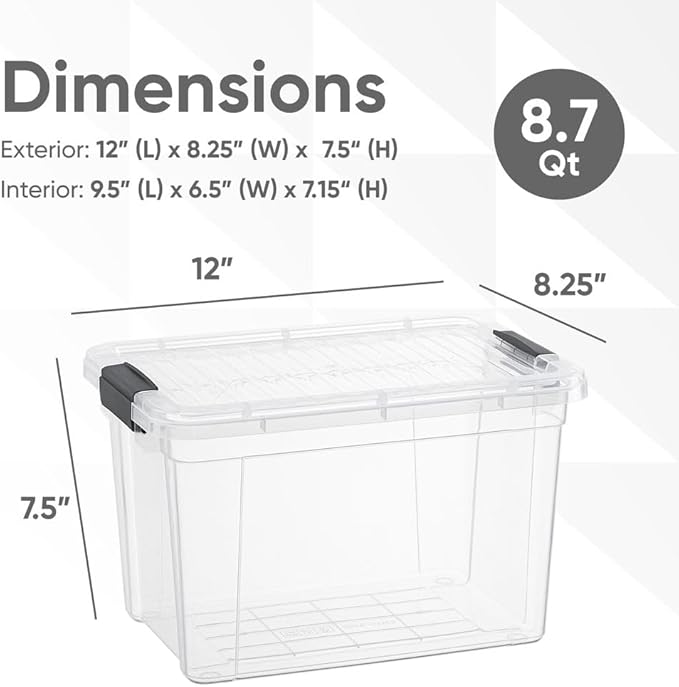 Superio Clear Storage Boxes with Lids, 8.75 Quart Plastic Container Bins for Organizing, Stackable Crates, BPA Free, Non Toxic, Odor Free, Organizers for Home, Office and Dorm, 6 Pack