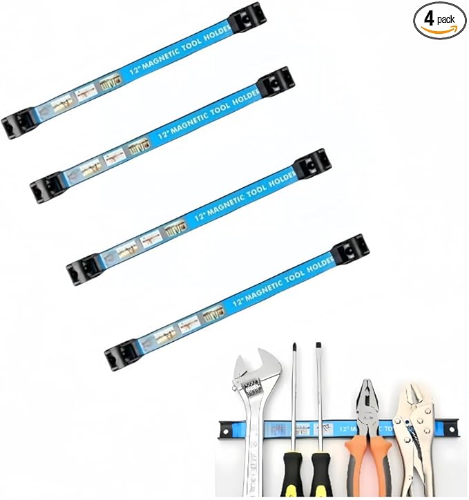 12" Magnetic Tool Holder Strip 4 Pack，Used for storing garage tools, kitchen utensils， and iron products. Storage Arrangement Organizer， Easy To Install in Workshop, Mounting Screws Included.