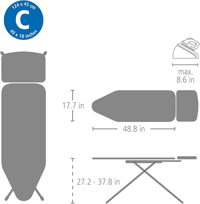 Brabantia - Ironing Board C - Extra Large Steam Iron Rest - Adjustable in Height - Non-Slip Rubber Feet - Cotton Cover with Foam Layer - Foldable XL Unit - Spring Bubbles - 49 x 18 inches