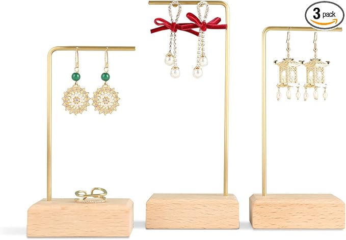 GemeShou 3pcs Beech wooden dangle earring stand holder, hoop earring displays for selling jewelry, mini brass earring hanger【Walnut Stand set-3pcs】