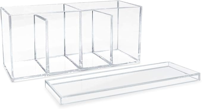Isaac Jacobs 4-Compartment Clear Acrylic Organizer with Lid (9” L x 3” W x 4” H), Makeup Brush Holder, Sectional Tray, Storage Solution for Makeup, Crafts, Office Supplies & More (1, Clear)