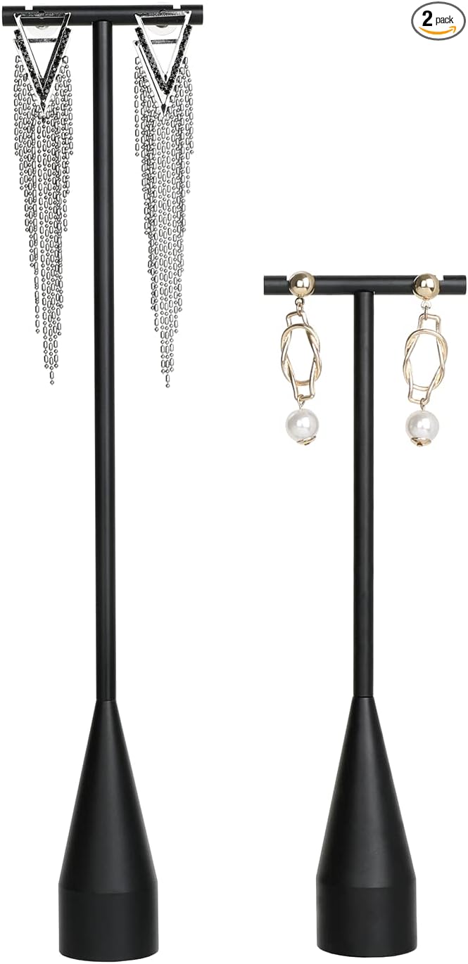 GemeShou 2pcs Black earring display T bar stand, Big jewelry earring holders for Boutique Store, Jewelry holders high enough for long earring necklace【Black-2pcs Height 7.9" and 11"】