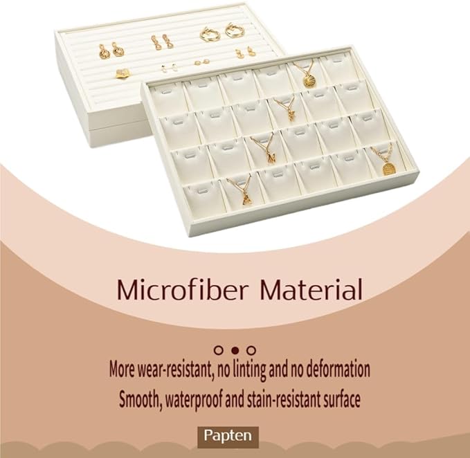 24 Grids Necklace Display Tray, Stackable Jewelry Organizer Trays, Microfiber Necklace Bracelet Pendant Holder Storage Display (Beige)