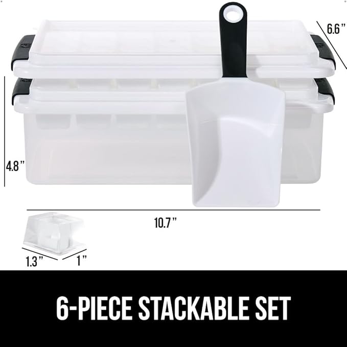 GORILLA GRIP BPA-Free Easy Release Ice Cube Tray for Freezer, Make Lots of Ice, 56 Cubes Total, Kit Includes 2 Stackable Leakproof Trays with Lid and Soft Handle Grips, Scooper, Bin, For Coffee, Black