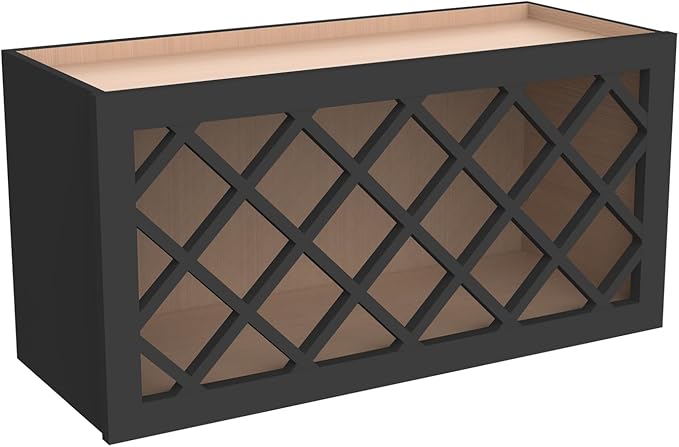 Solid Wood RTA Wine Bottle Rack Wall Cabinet with Lattice Panels - Wine Storage for Bar, Pantry, Cellar & Countertop - Mocha (Charcoal Black, 36'W 12'D 15'H)