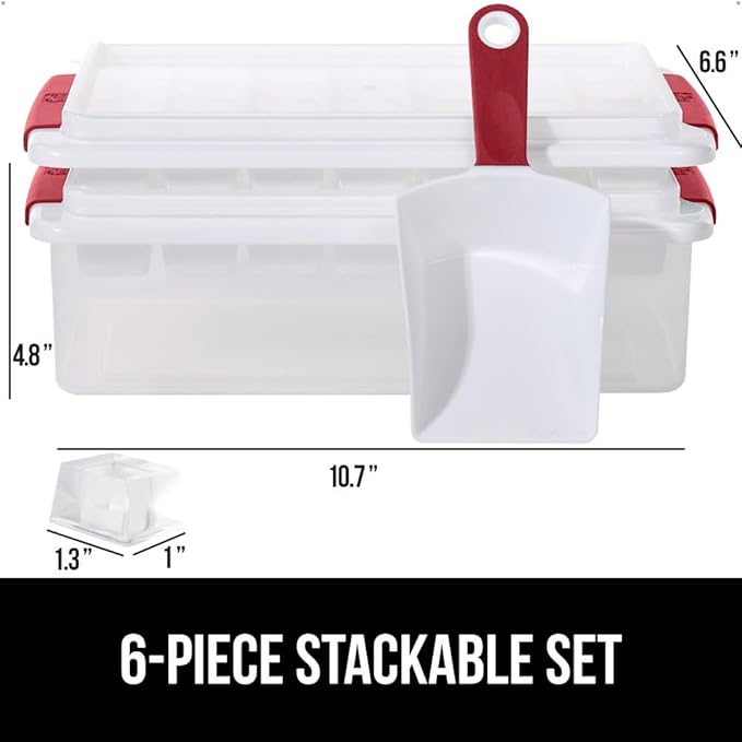 GORILLA GRIP BPA-Free Easy Release Ice Cube Tray for Freezer, Make Lots of Ice, 56 Cubes Total, Kit Includes 2 Stackable Leakproof Trays with Lid and Soft Handle Grips, Scooper, Bin, For Coffee, Red