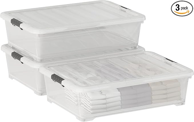 Xyskin 50 Quart Under-Bed Storage Container Organizer Bin with Latching Lids, Large Wheeled Storage Box for Garage, Closet, Clear, 3 Pack
