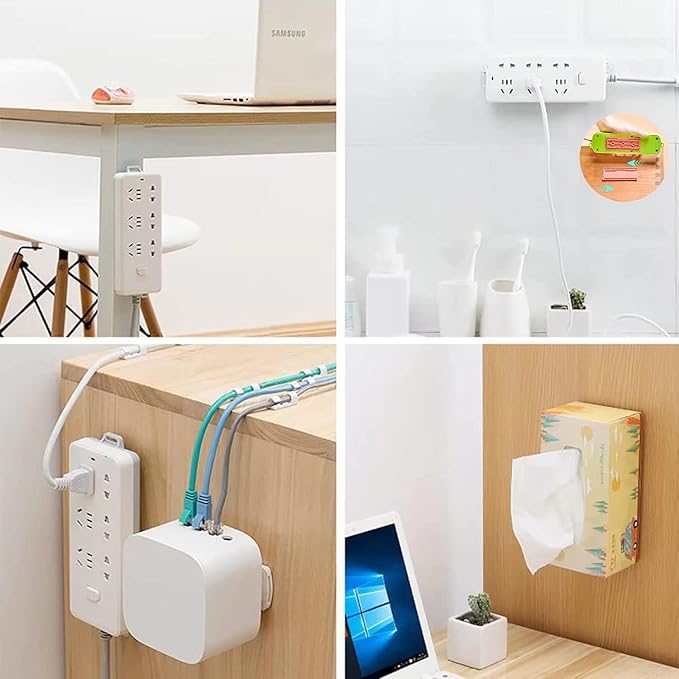 12PCS Power Strip Holder, Adhesive Punch-Free Socket Holder, Self Adhesive Socket Desktop Fixer, Cable Management Punch Free Surge Protector, Desktop Mobile Socket Holder Wall Mount and 8 Cable Clips