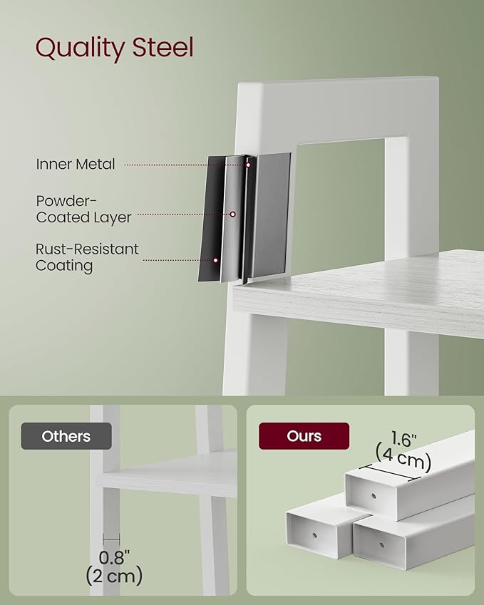 VASAGLE Ladder Shelf, 4-Tier Bookshelf, Storage Rack, Bookcase with Steel Frame, for Living Room, Home Office, Kitchen, Bedroom, Industrial Style, Maple White and Pearl White ULLS044W44