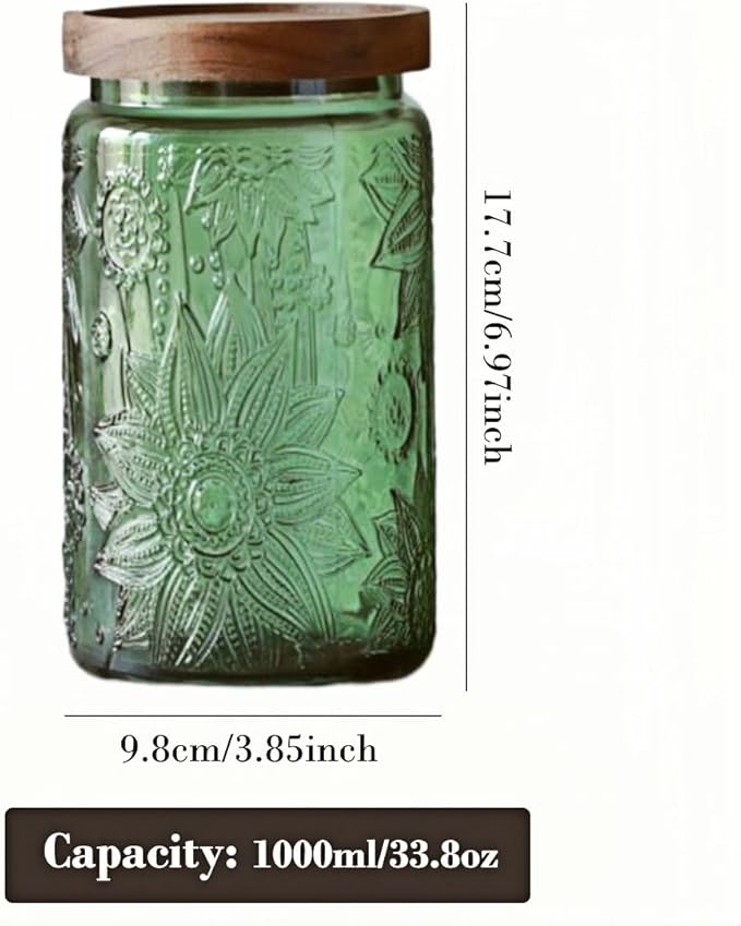 Set of 2 Vintage Glass Storage Containers, Green Glass Jars with Solid Wood Lids, 34 FL OZ Decorative Jars for Kitchen Storage Cabinets for Coffee, Jam, Nuts, Pasta, Cookie (Green Sunflower)