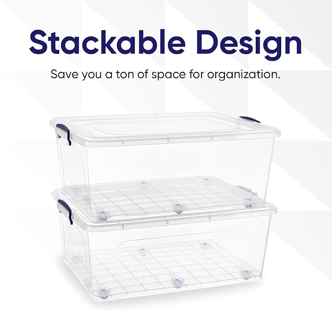 Superio Storage Bins with Lids- Clear Boxes for Organizing, Stackable Plastic Containers- BPA Free, Non-Toxic, Odor Free, Organizer for Home, Office, Dorm (6 Pack, 60 Qt (Wheeled))