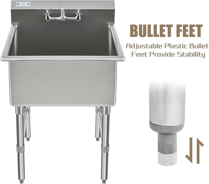 HALLY Commercial Stainless Steel Sink 1 Compartment NSF Prep & Utility Sink with 8" Faucet 15" L x 15" W x 12" D Bowl for Bar, Restaurant, Kitchen, Hotel and Home