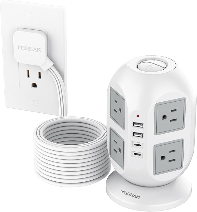 Tower Power Strip, Surge Protector 10 FT Cord, TESSAN Flat Plug Extension Cord with Multiple Outlets, 8 AC Outlets with 4 USB Ports (2 USB C), Charging Station with Surge Protection, for Office Dorm