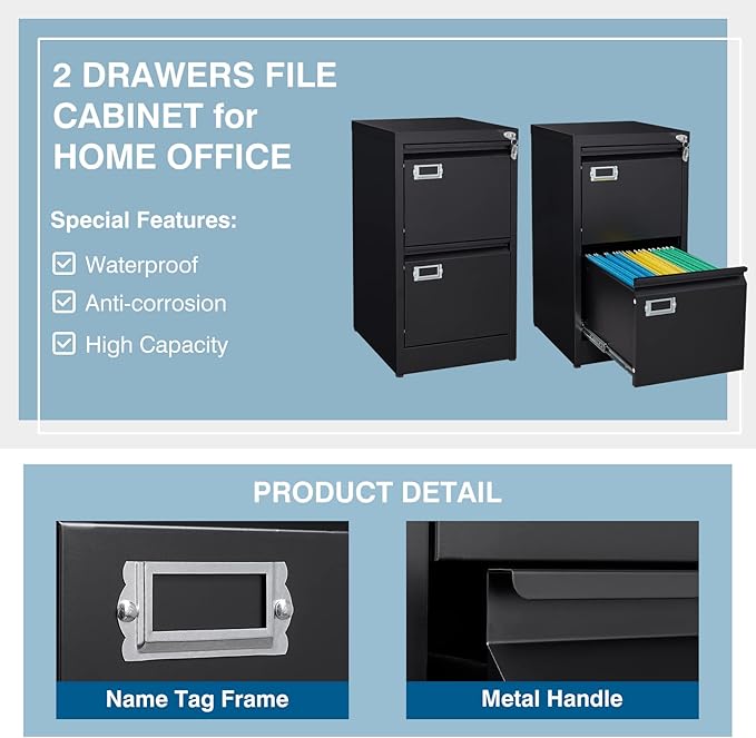 2-Drawer File Cabinet, 16.3" Deep Vertical Metal Filing Cabinet with Lock for Home Office, Anti-Tip 2 Storage Drawers for Letter/Legal/A4/F4 Size (Assemble Required, Black)