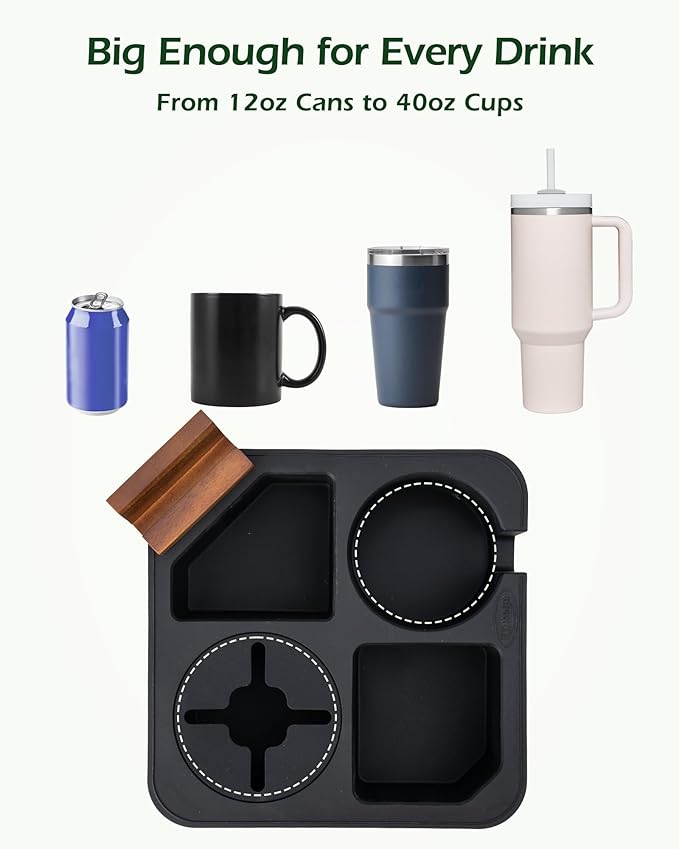 Couch Cup Holder Tray, Acacia Wood Couch Caddy With Cup Holder, Non-Slip Couch Organizer for Drinks, Snacks Remotes, Rounded Corners And Mug Slot Grey
