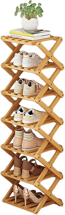 YYW Bamboo Shoe Rack for Entryway,Installation-Free and Foldable Vertical Shoe Storage Organizer,Free Standing Shoe Racks Shelf Closet Shoe Organizer for Living Room (Nature-7 Layers)