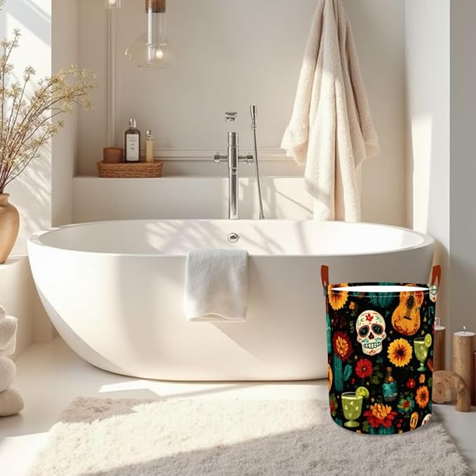 Laundry Baskets 15.7x19.7 Inch Day of the Dead Skull Guitar Cocktail Design Collapsible Laundry Hamper with Handles Oxford Fabric Clothes Storage Bin Foldable Dirty Clothes for Bedroom Bathroom