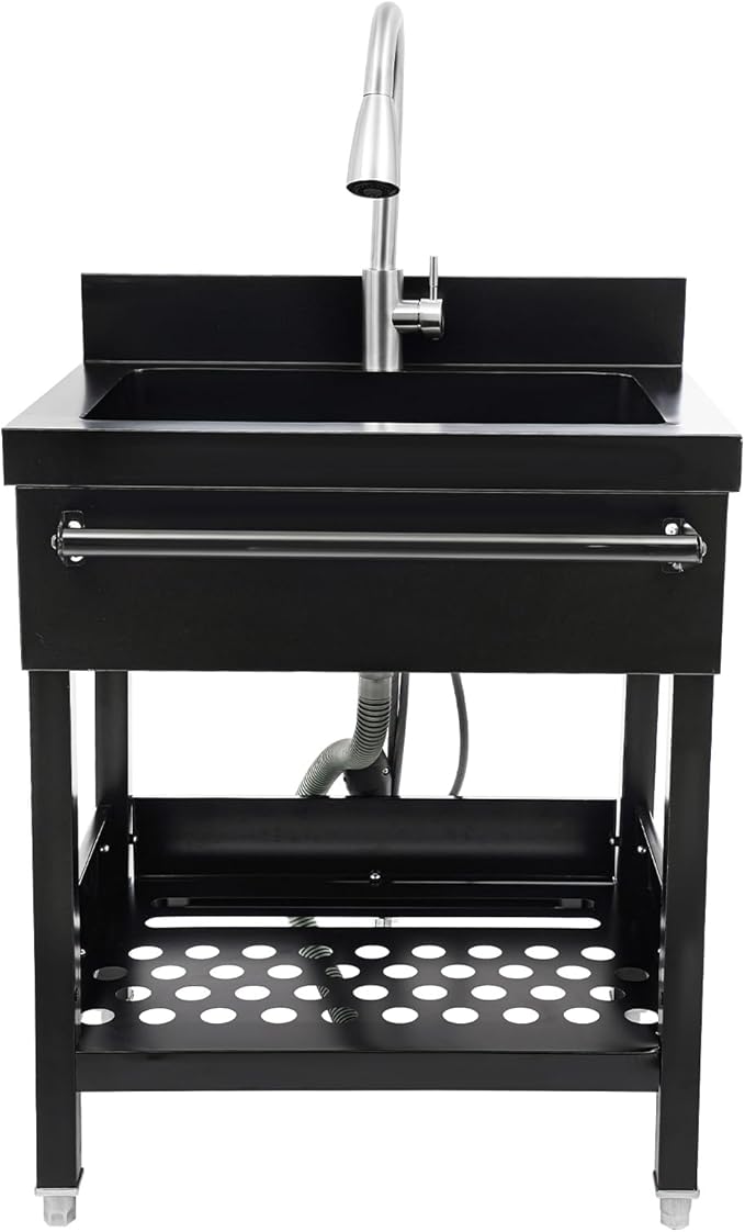 Stainless Steel Utility Sink, Free Standing Single Bowl Kitchen Sink with Pull-Out Cold/Hot Faucet, Storage Shelf & Splashback, Large Utility Sinks for Laundry, Garage 25.8 * 20.3 * 33.8in