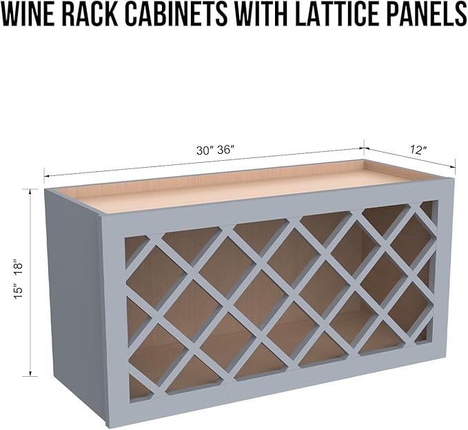 Solid Wood RTA Wine Bottle Rack Wall Cabinet with Lattice Panels Wine Holder Wine Storage Cabinet for Bar, Pantry, Wine Cellar Basement Countertop Mocha (Gray, 36”W × 12”D × 15”H), Sk-grey