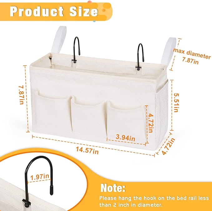 Bedside Caddy Storage Organizer with Fixed Straps and Water Bottle Holder for Home, College, Dorm, Bunk/Hospital/Crib Bed Rails, White