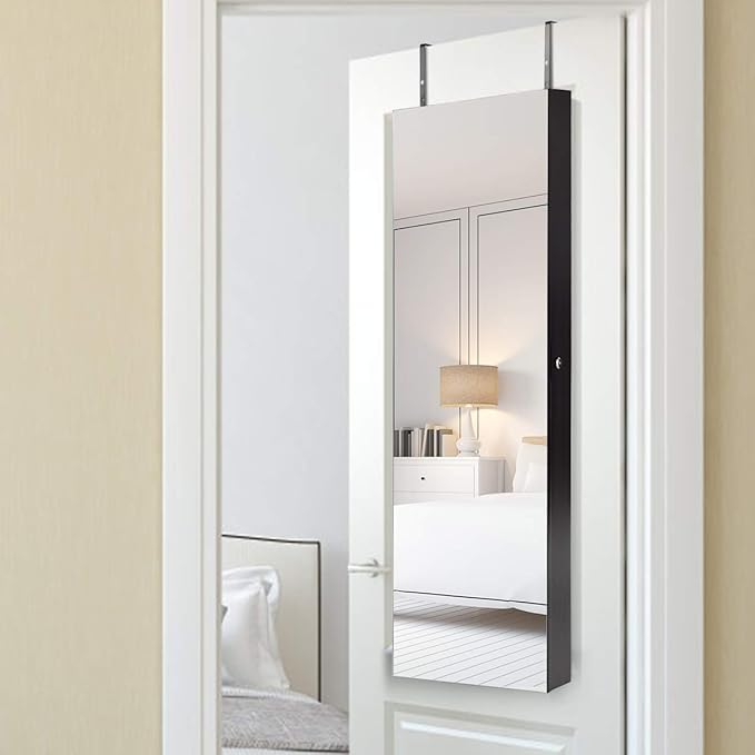 Giantex Wall Door Mounted Jewelry Armoire Cabinet with 47.5" H Full Length Mirror, 2 LEDs Lockable Jewelry Organizer Box with Bracelet Rod, 2 Drawers, Large Storage Capacity (Espresso)