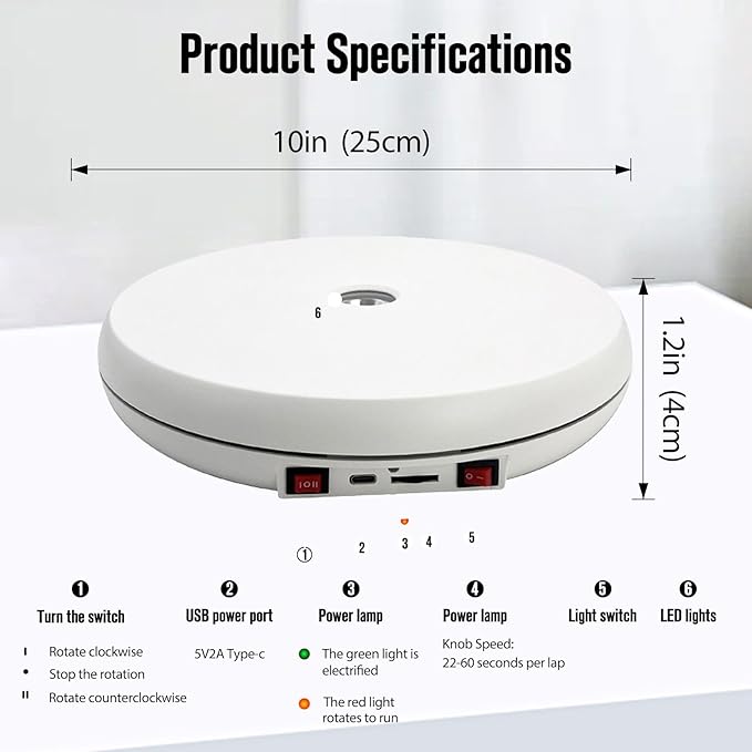 JAYEGT Motorized Rotating Display Stand with LED Light , 10 inch /55lbs Load, 360 Degree Electronic Turntable Display Stand for Photography Products Shows, Jewelry, Watch, 3D Models, Cake (White)