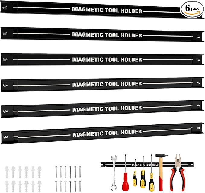 18" Magnetic Tool Holder Strip, 6 Pack Magnet Bar with Mounting Screws, Heavy Duty Magnetic Strips Tool Organizer for Garage Shop Workbench Kitchen Organization (Black)