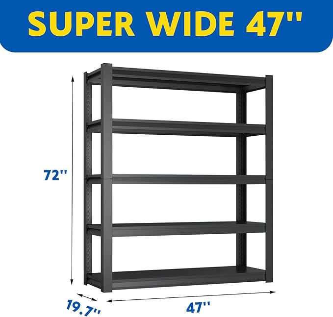 72''H Garage Shelving Heavy Duty,2800LBS Storage Shelves,5-Tier Adjustable Metal Shelve Storage Shelf Rack, Industrial Shelving Unit for Garage, Warehouse, Basement (47" W x 19.7" D x 72" H) 2PC