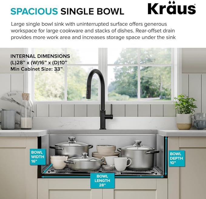 Kraus Kore 30-Inch Farmhouse Workstation with In Sink Dish Drying Rack, Stainless Steel Kitchen Sink, KWF410-30