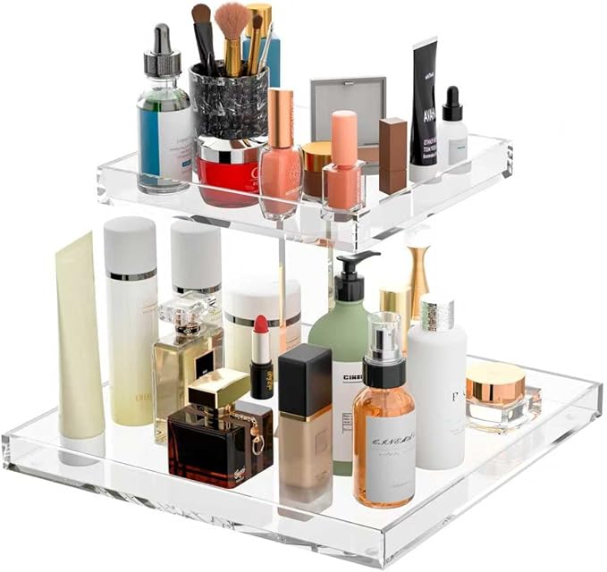 2-Tier Acrylic Perfume Organizer, Display Stand for Dresser & Counter, Vanity Trays Makeup Storage Holder, Bathroom & Kitchen Organizer (12x8)