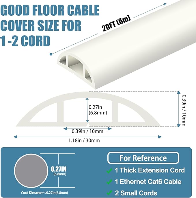 Floor Cord Covers for Wires 20FT Cable Hider Wire Cover Self Adhesive Cord Hider Floor for Offices, Homes, Workshops, Warehouses Cable Cavity 0.39" W x 0.27" H