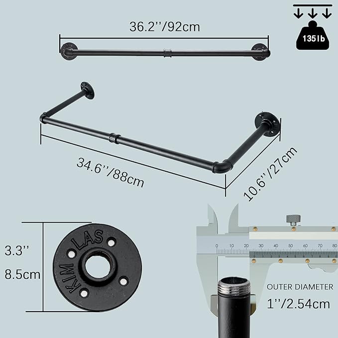Clothes Rack Wall Mount with 3 Hooks, 36''L Clothing Bar for Wall, Industrial Pipe Clothes Rod, Heavy Duty Iron Garment Rack, Clothes Hanging Rod Bar for Laundry Room Closet Storage