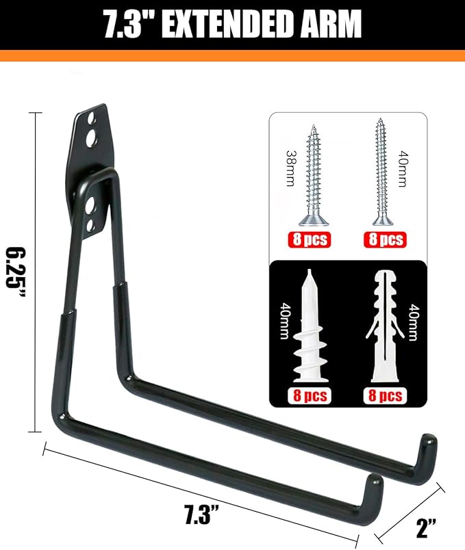 WMK 7.3'' Heavy Duty Garage Hooks, 4 Pack Wall Mount Garage Storage Hooks for Hanging Bike, Ladder, Tools - 100LB Load Capacity, Triple-Welded, PVC Coated (Black)
