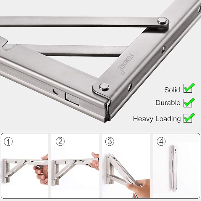 YUMORE Folding Shelf Bracket 18",Heavy Duty Stainless Steel Collapsible Shelf-Bracket Max Load 330lbs Wall Mounted Table Support Hinge for Space-Saving DIY Work Bench with Install Screws, Pack of 2