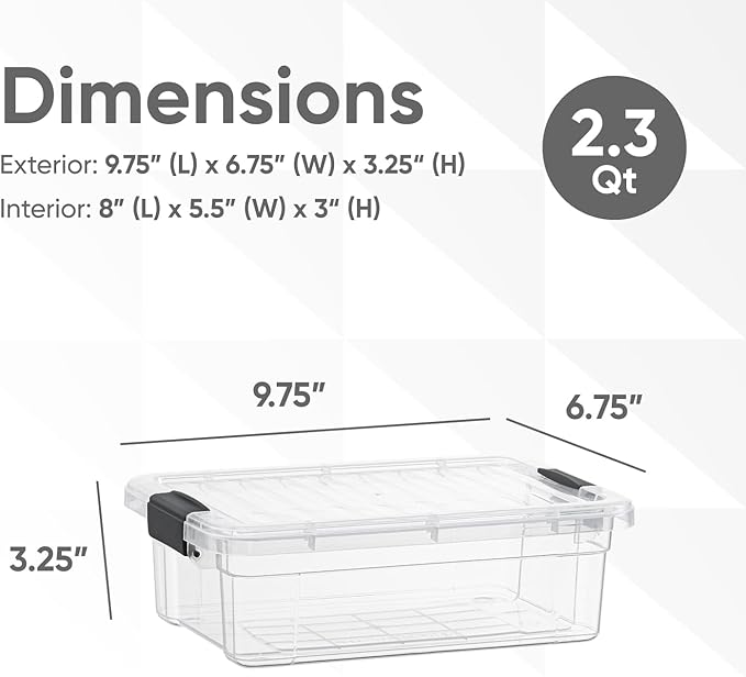 Superio Clear Storage Box with Lid, 2.3 Quart Plastic Container Bins for Organizing, Stackable Crates, BPA Free, Non Toxic, Odor Free, Organizers for Home, Office, School, and Dorm
