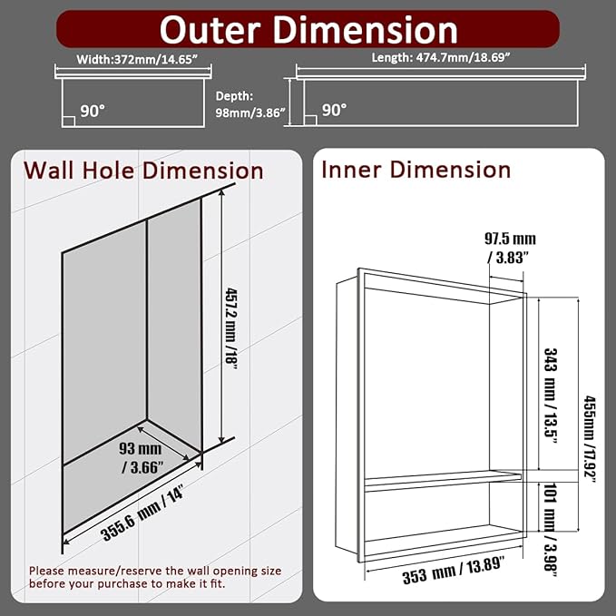 JQK Shower Niche No Tile Need, 18"×14" Matte White Bathroom Insert Shelf 2 Layer, 304 Stainless Steel Recessed Shower Caddy Organizer Storage, SNL1814D-WH