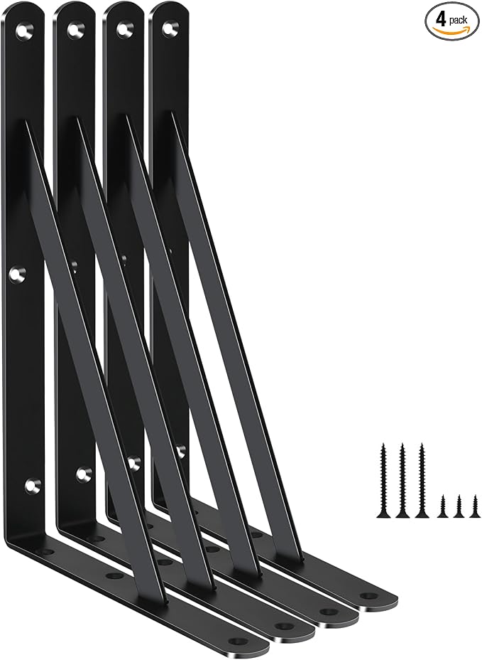 4 Pack L11 x H 8" Black Heavy Duty Shelf Brackets with Screws Metal Shelf Brackets Shelf Support Angle Brackets for Shelves L Brackets Heavy Duty Floating Shelf