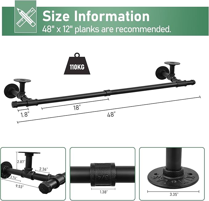 48'' Wall Mounted Clothes Rack Iron Industrial Pipe Clothes Rod with Top Shelf Pipe Rack (Wood Plank Not Included)