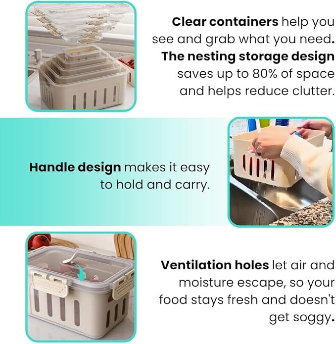 5-Pack Fruit Containers for Fridge Keep Fresh – Airtight Food Containers with Lids, Produce Saver with Removable Colander, Fridge Organizers, Microwave & Dishwasher Safe (White)