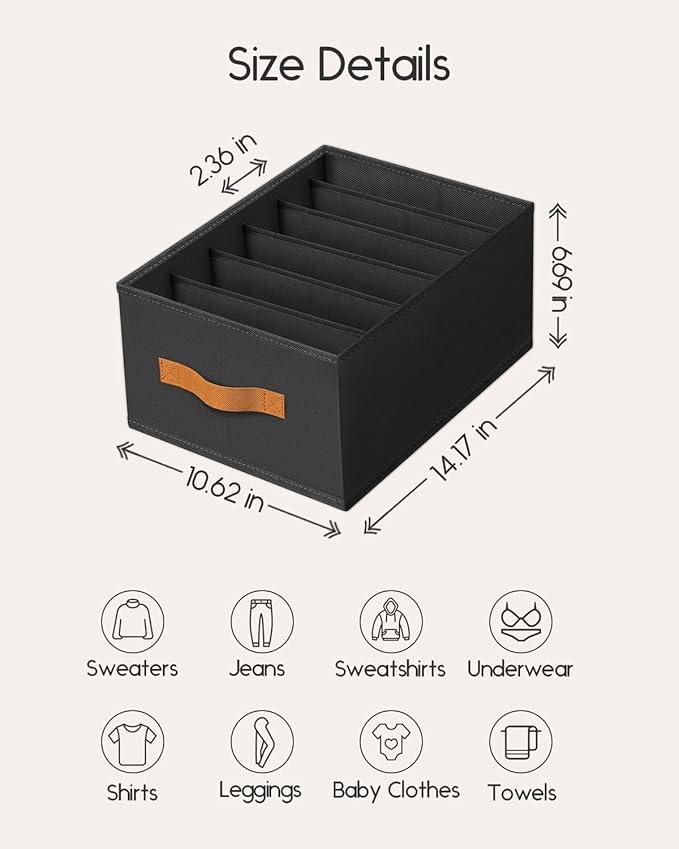 Closet Organizers and Storage - Fabric Clothes Organizer with Handles, Foldable Jeans Organizer for Clothes, Drawer Organizer for Shirts, Bra, Sweater, Scarf, 6 Pack, Black