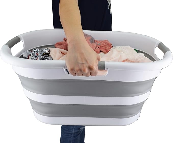 SAMMART 40L (10.5 Gallon) Collapsible Plastic Laundry Basket - Space Saving Storage Container/Organizer - Portable Washing Tub - Foldable Pop Up Hamper/Basket (2, Grey+ Black)