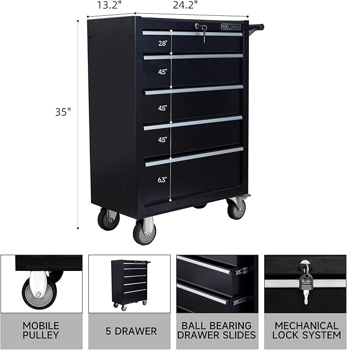 5-Drawer Rolling Tool Chest with Locking Wheels & Drawers, 13" D x 24.2" W x 34.6" H Mobile Tool Storage Cabinet, Heavy-Duty Garage Organizer w/Ergonomic Handle