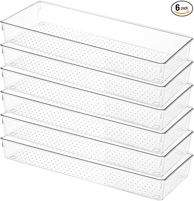 6 Pack Clear Drawer Organizer Trays Plastic Drawer Organizers Set 15 x 6 x 2 Inch Desk Drawer Divider Storage Bins Stackable Drawer Organizer Trays for Dresser Makeup Kitchen Office